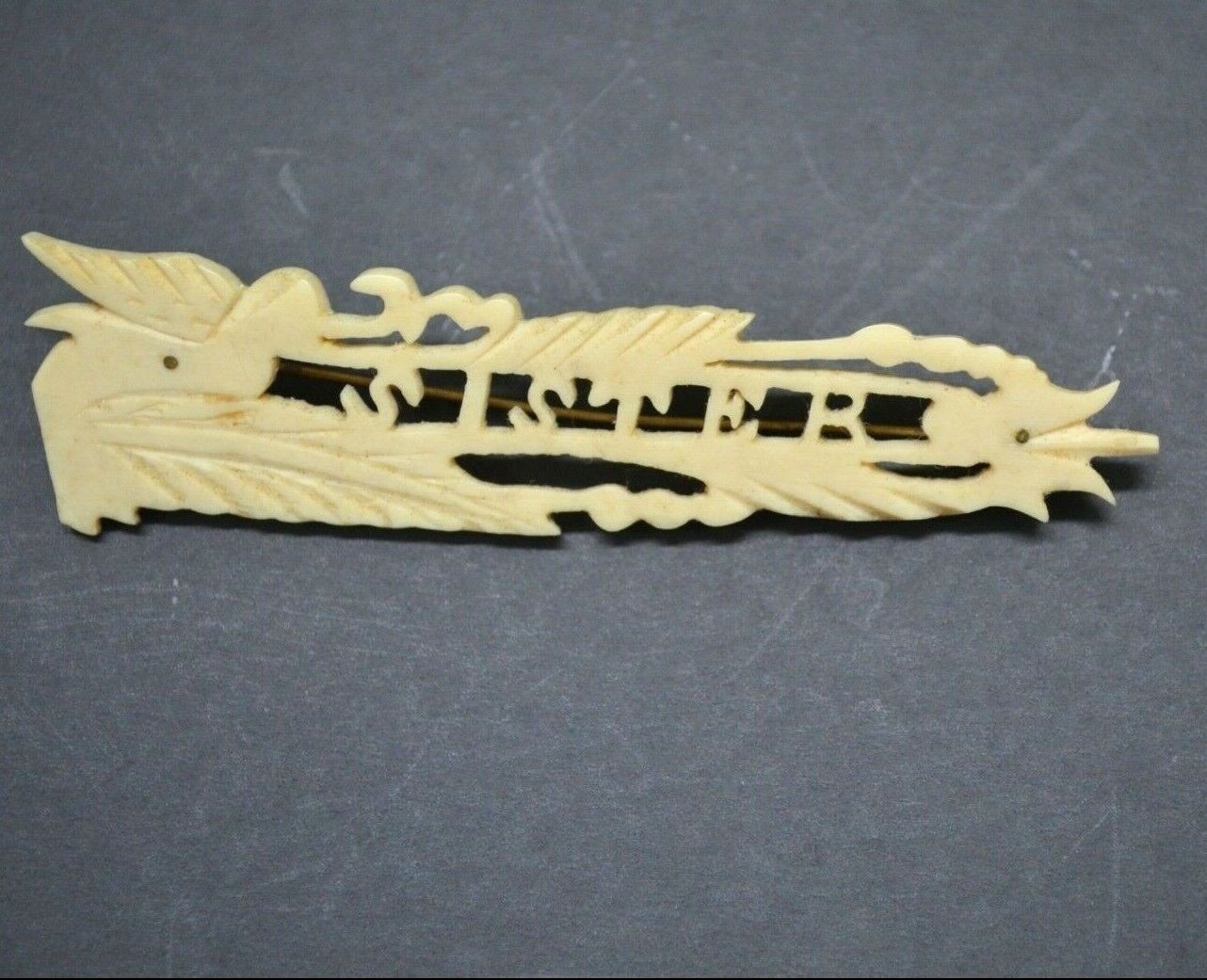 Antique Sister Brooch Carved Unknown Material C Clasp Lapel Hat Bag Family
