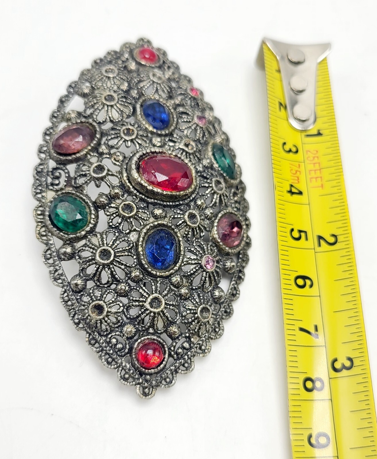 New England Glass Works Vintage Oval Brooch Silvertone Multicolored Gems Marked