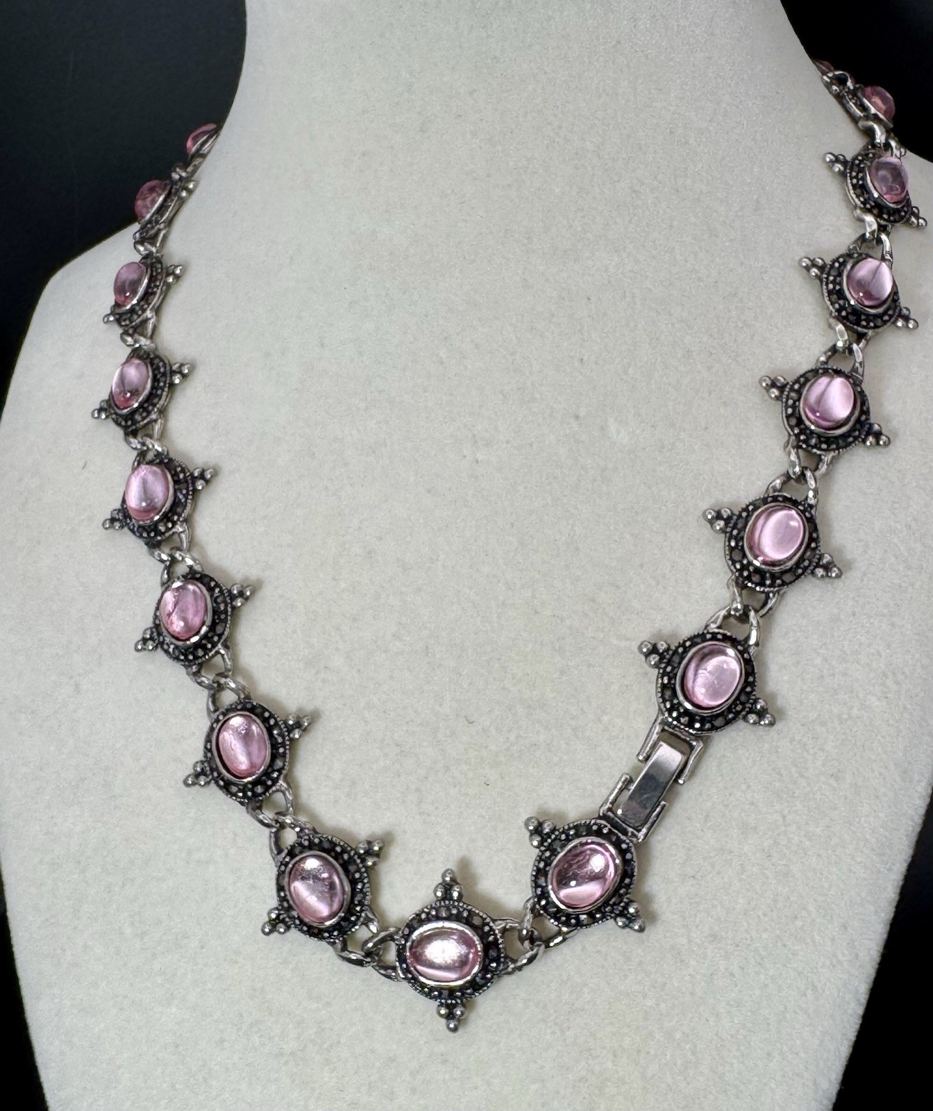 Vintage Silver Beaded & Marcasite Collar Necklace, Bezel Set With Pink Cabochons