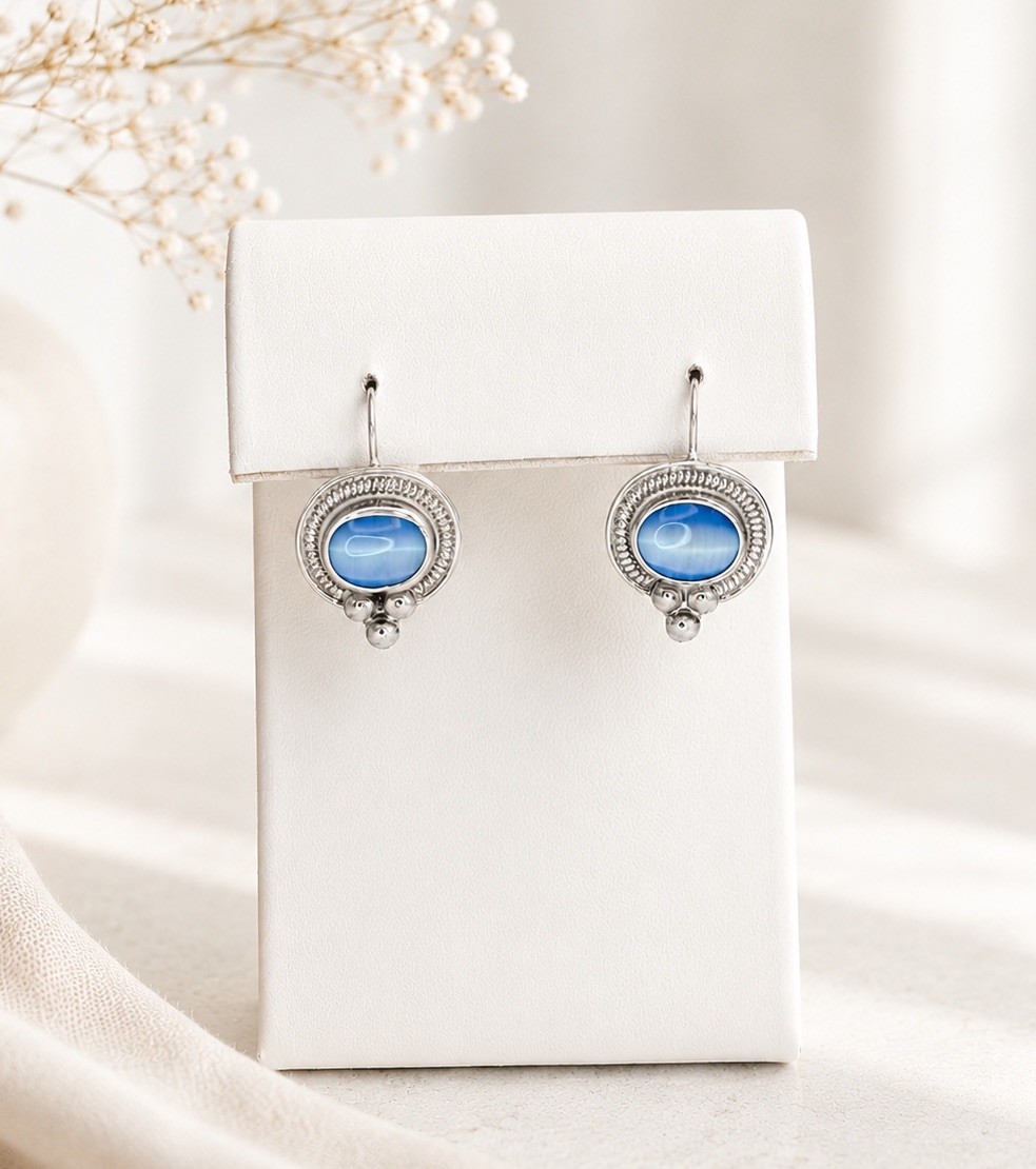 ATI Mexico 925 Sterling Silver Blue Cats Eye Drop Earrings Fish Hook Vintage