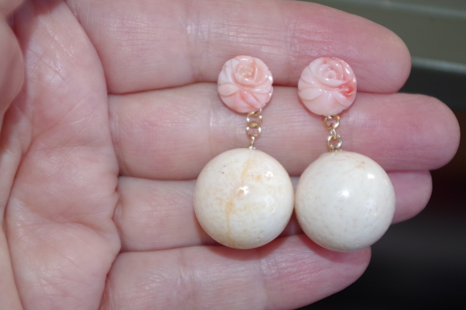 ANTIQUE 14K GF ANGEL SKIN CORAL BALL 17.5 MM CORAL JACKET DROP EARRINGS JACKETS