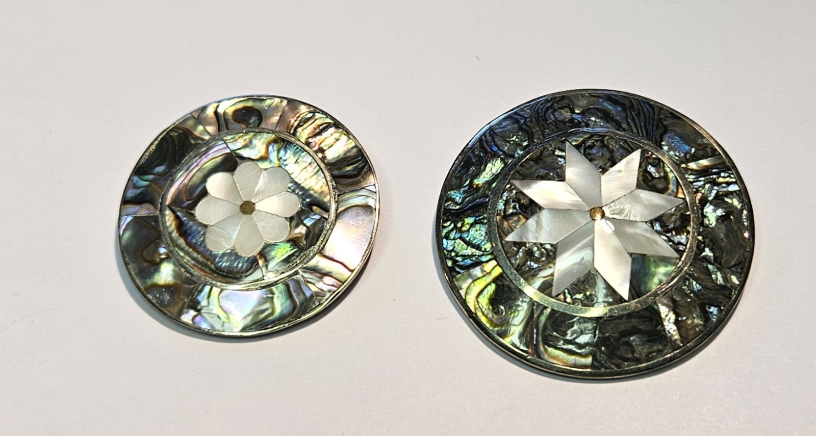 VINTAGE (2) MOTHER OF PEARL INLAID PINS/PENDANTS STAMPED ALPACA MEXICO