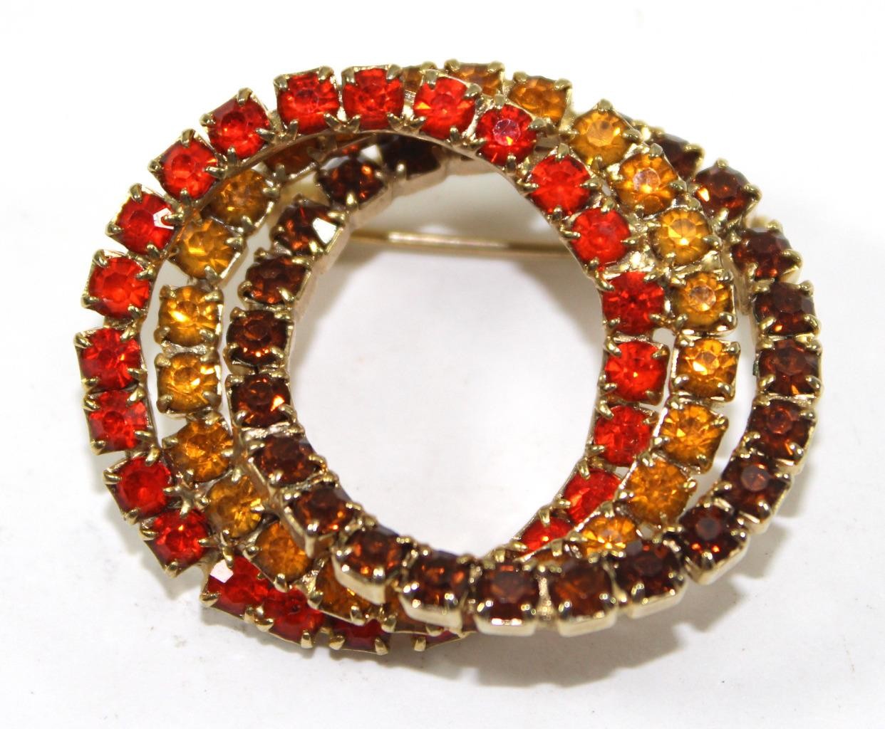 Vintage Triple Circle Tricolor Rhinestone Pin Brooch Autumn Fall Colors