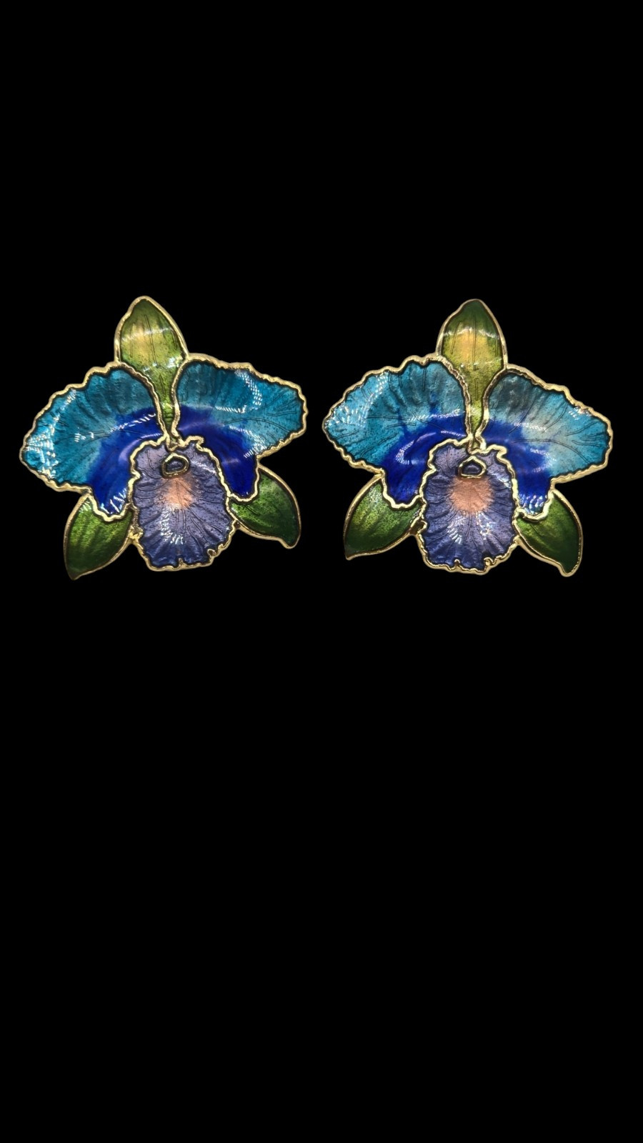 Vintage Cloisonne Blue Purple And Gold Orchid Flower Earrings