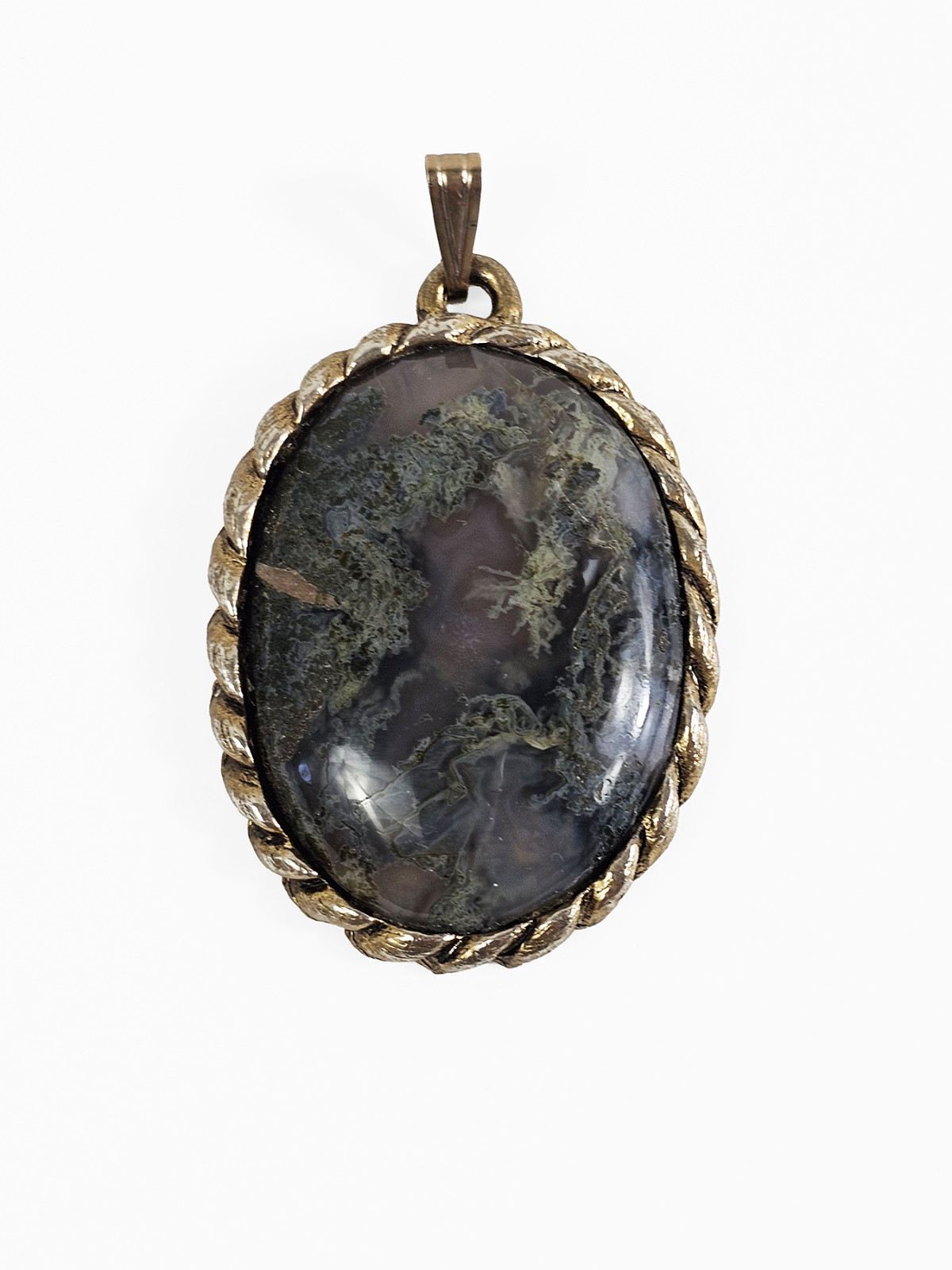 Bronze Tone Oval Moss Agate Cabochon Pendant Victorian Revival Boho Retro
