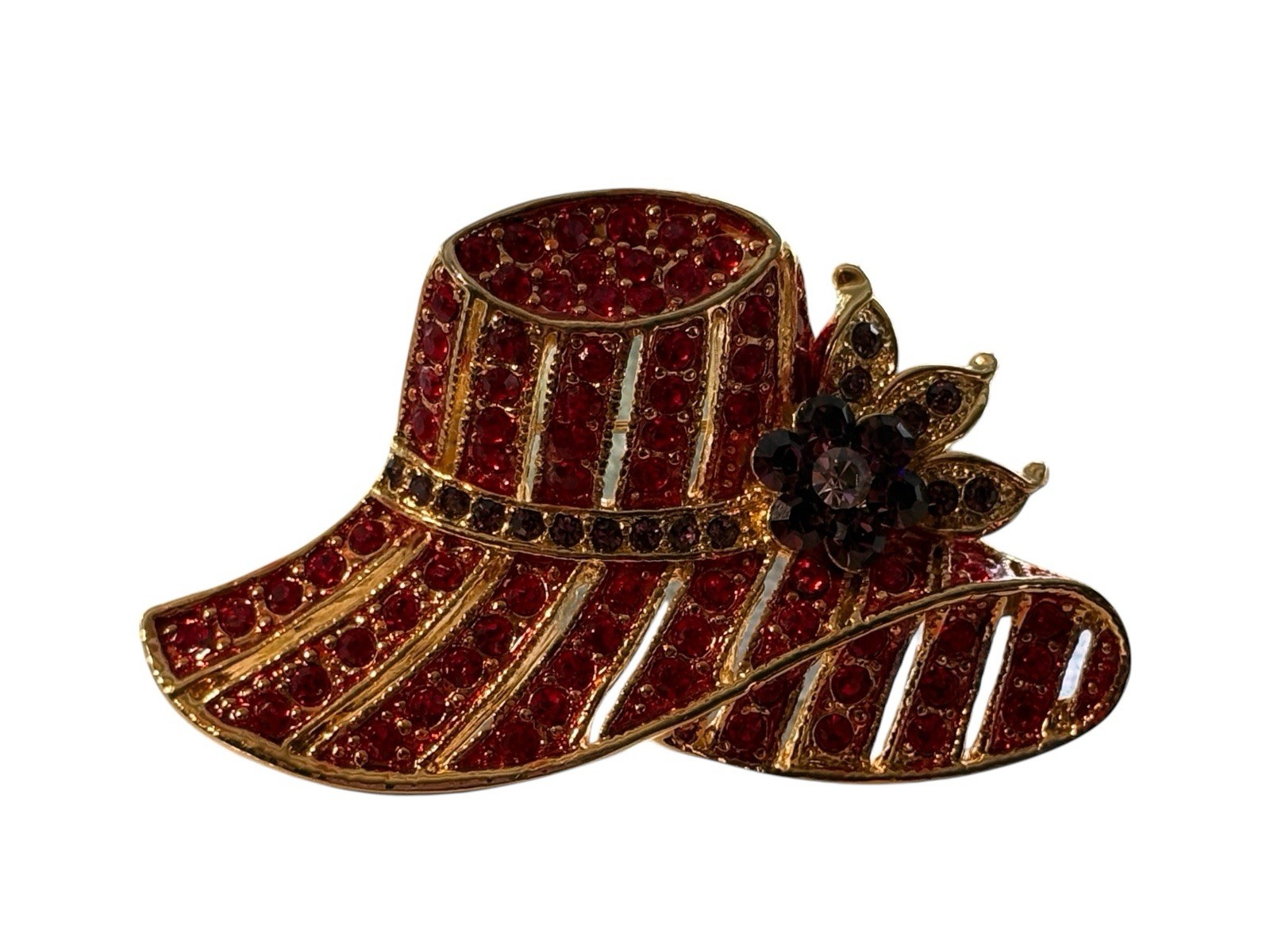 Vintage Red Hat Society Brooch Pin Red & Purple Rhinestones Gold Tone Flower