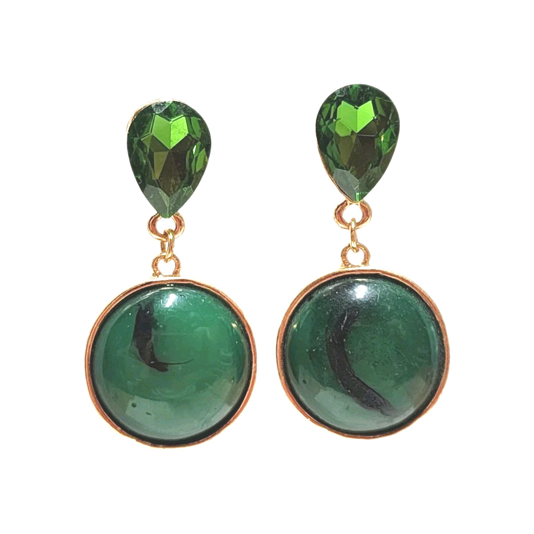 Vintage Green Faux Stone Rhinestone Gold Tone Dangle Earrings Teardrop Round GUC