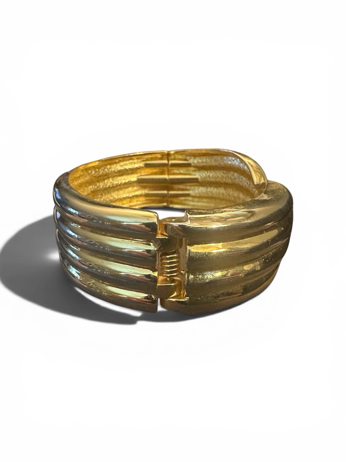 Vintage Gold Tone Bangle Bracelet Ribbed Twist Spring Hinge Open Close