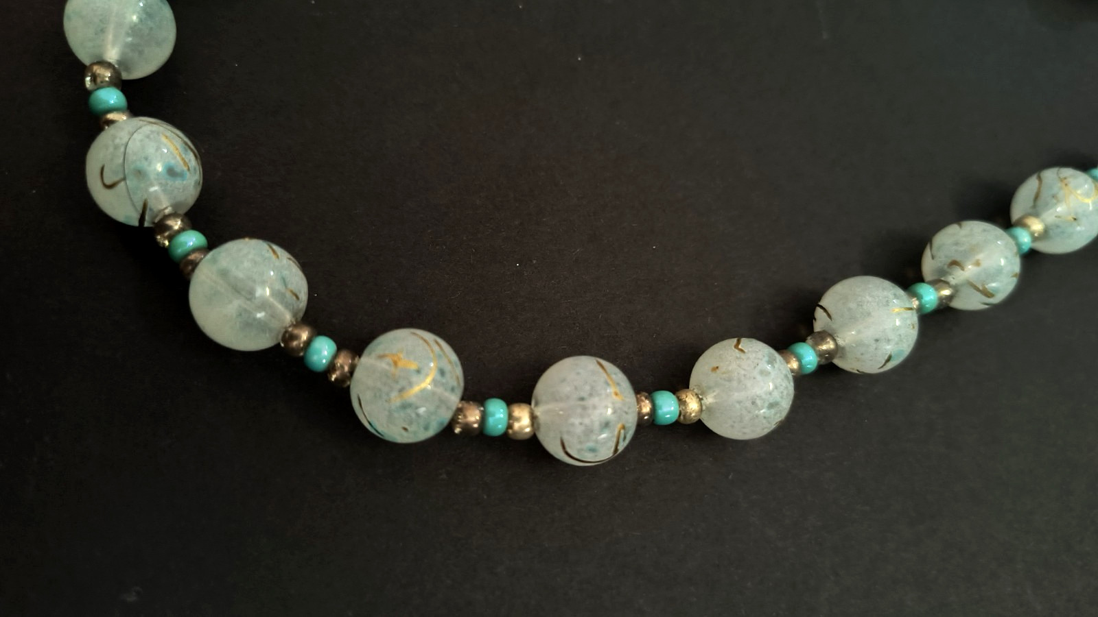 VTG Turquoise & Hand painted Glass Beads / 18″ Necklace, 1900s Venetian Murano
