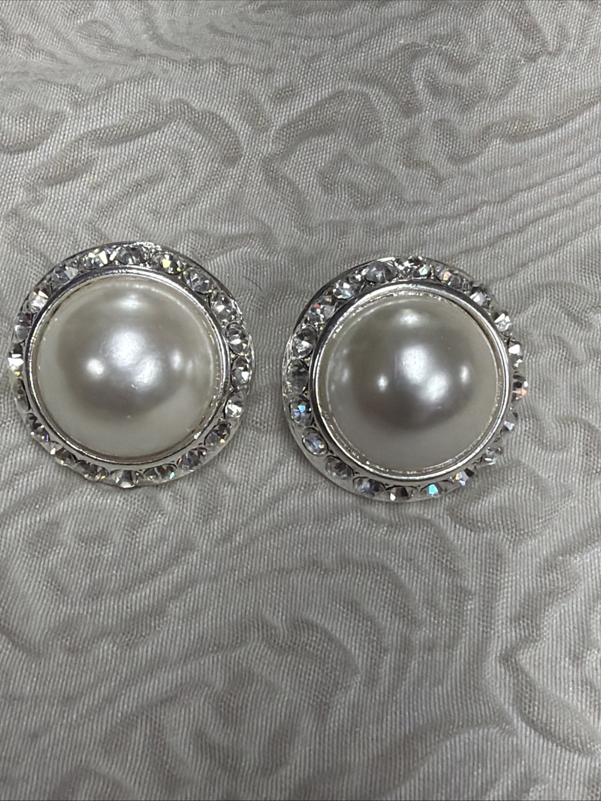 Vintage Large Dome Faux-Pearl Cabochon Encircled by a Halo of Clear Rhinestones