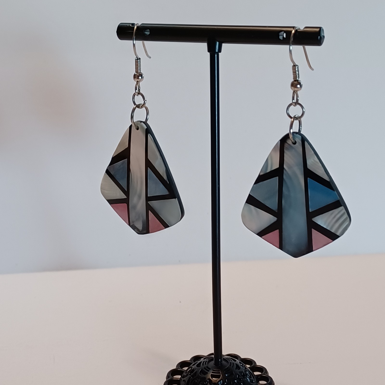 Vintage Shell Inlay Earrings Pink White Blue Black Gray