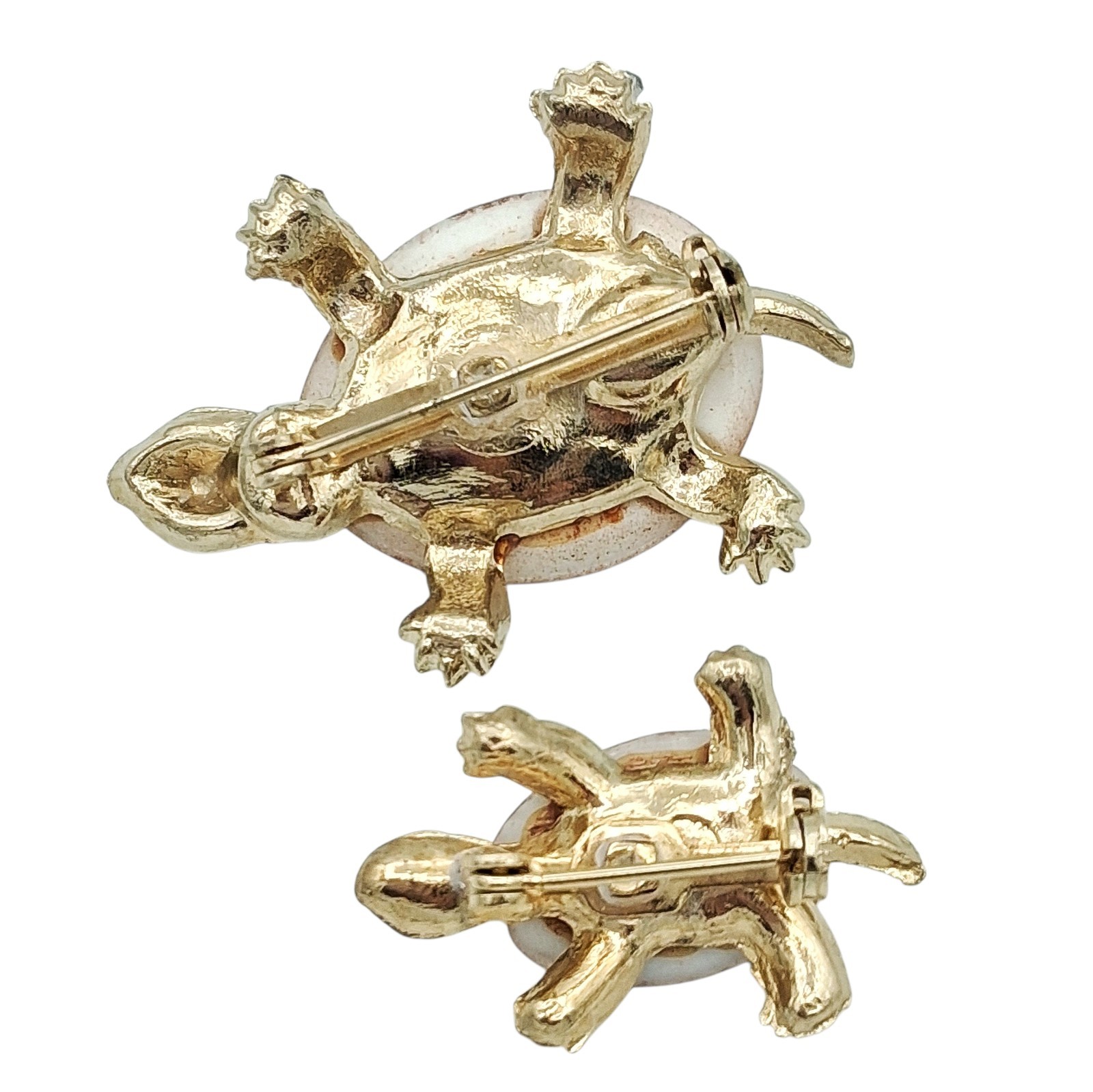 Vtg Gold Tone Turtle Brooch Set Ceramic Porcelain Shell Figural Pins Pair