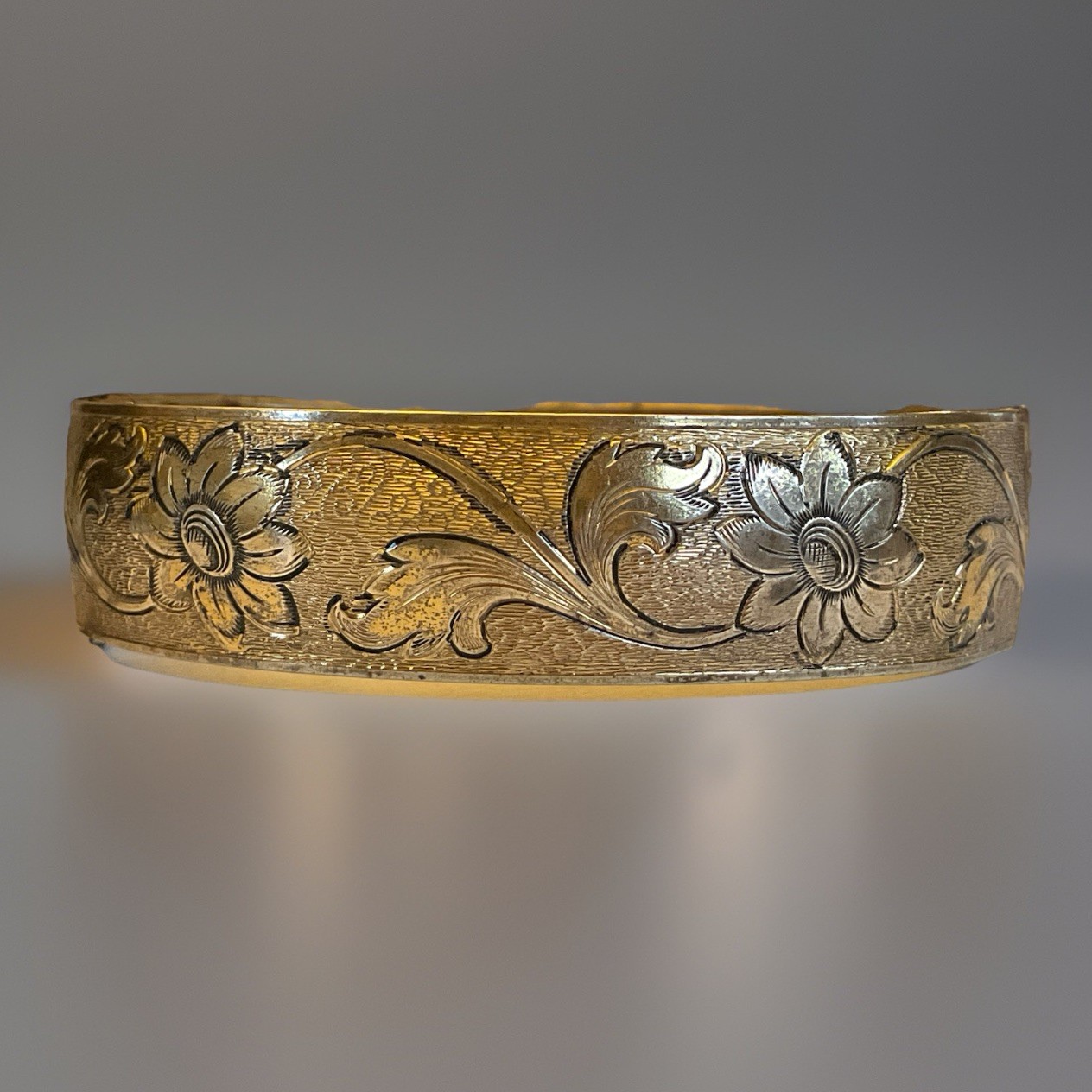 Vintage Bangle Hinged Bracelet Etched Flowers Gold Tone Textured