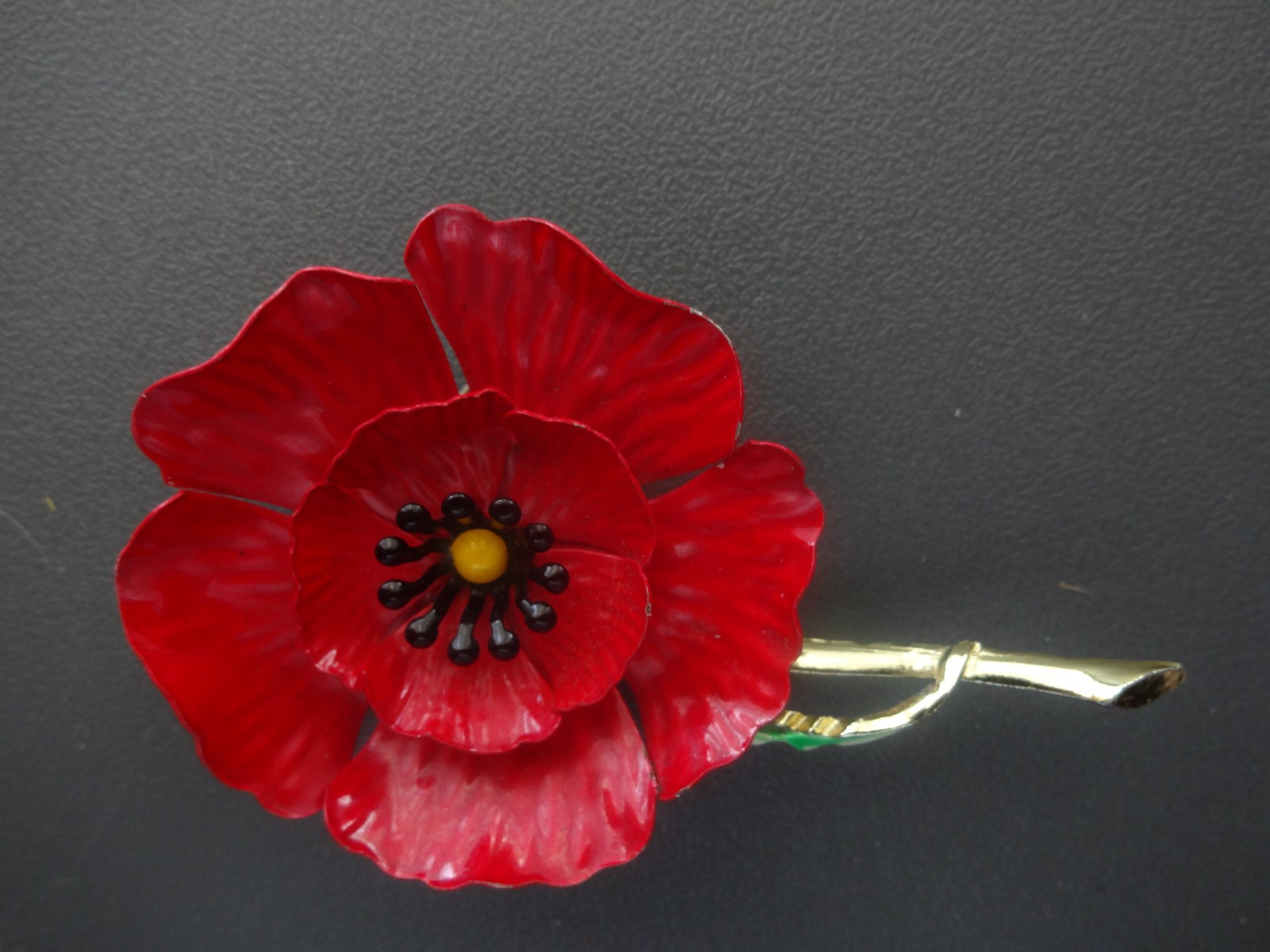 Vintage Enamel Red Poppy Flower Brooch Pin Large Red & Green Extremely Rare