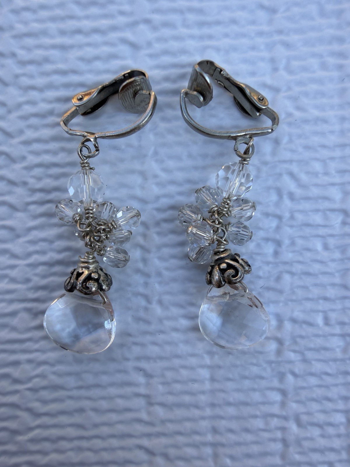 Handmade Crystal Cluster Clip On Earrings Faceted Teardrop Silver Tone