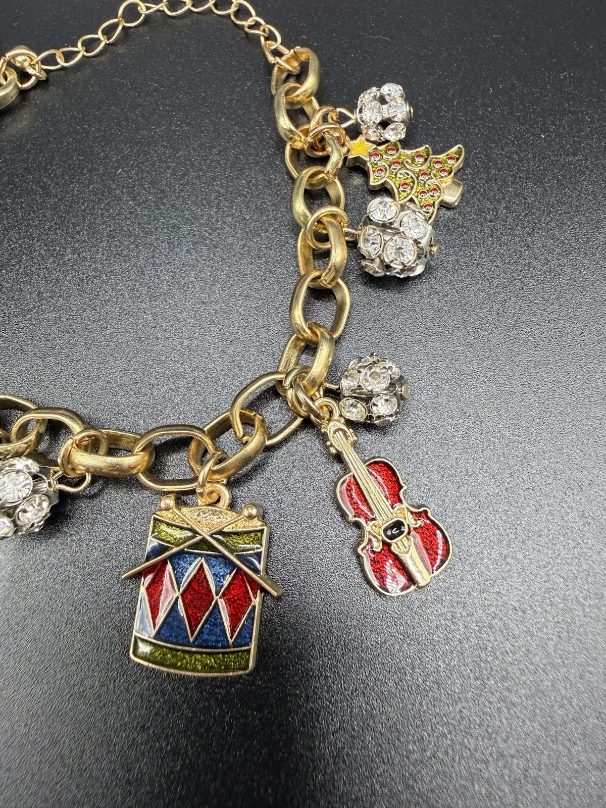 Vintage Christmas Nutcracker Charm Bracelet Enamel Rhinestone Gold Tone 7-9”