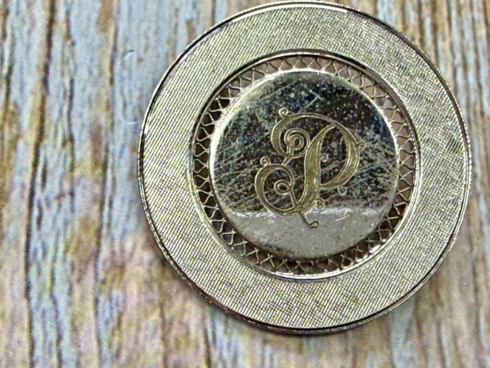Initial Letter P ? Calligraphy On Vintage Sterling Silver Round Disc Brooch