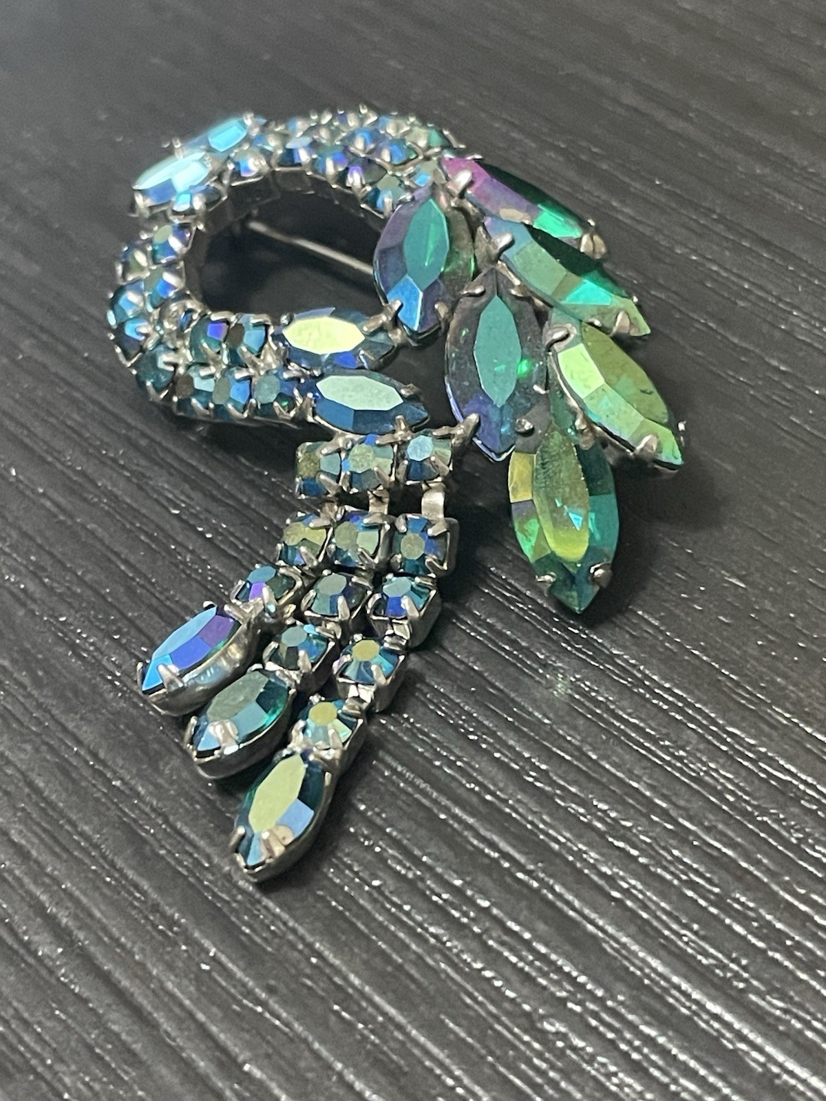 “Blue Lagoon” Style Aurora Borealis Crystal Rhinestone Tassel Brooch Vtg Estate