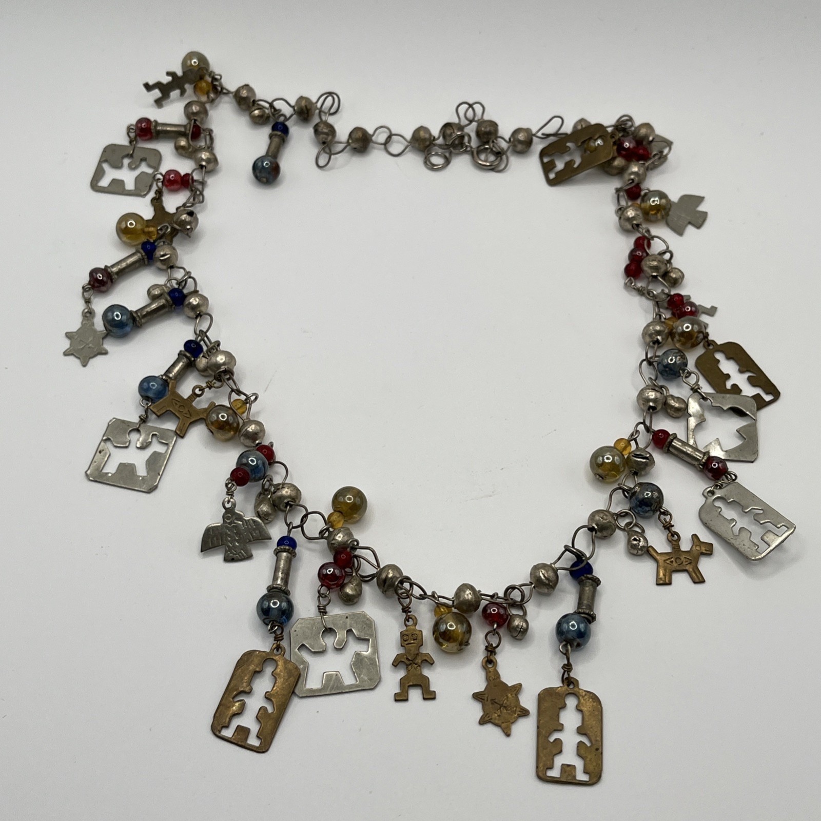 Vintage Guatemalan Chachal Necklace Thunderbird Horse Charms Silver Tone 22″