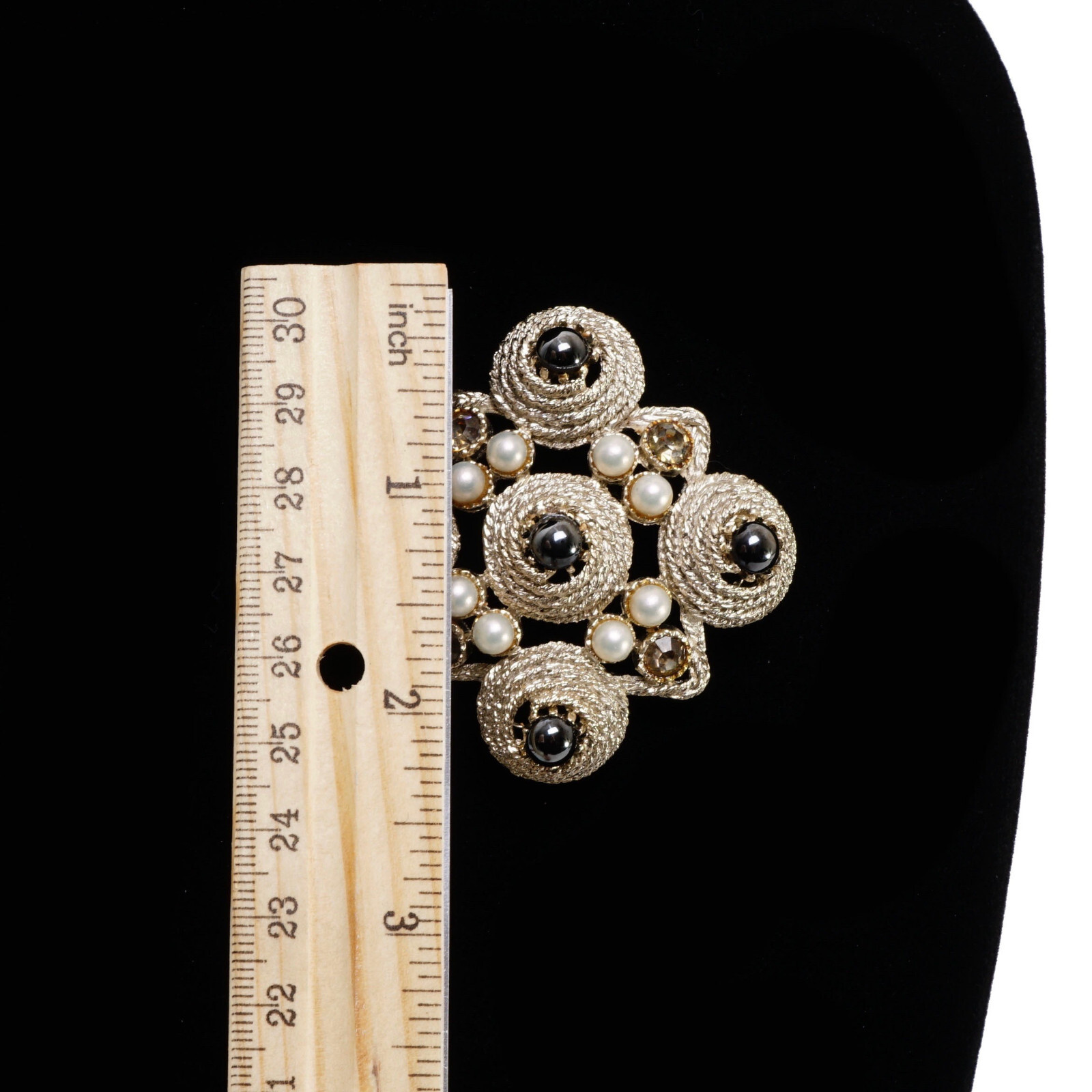 Large Silver Tone Lapel Brooch w Pyrite, Gray Crystals and Faux Pearls 2 1/4″
