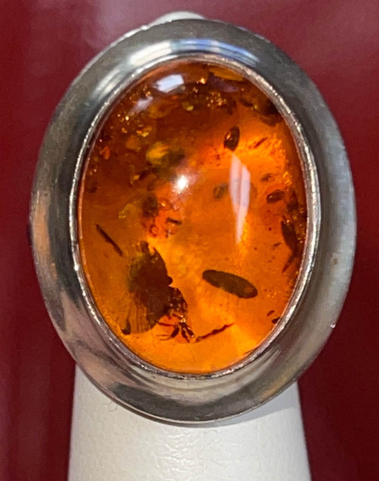 Amber Huge Stone Ring Size 2 Vintage 1980’s Fab Inclusions GLOWS! Unmarked