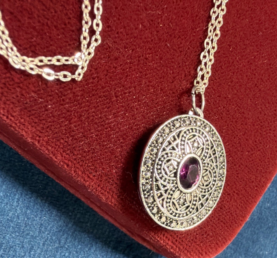 Vintage Ornate Oval Locket Necklace 18” Chain Center Purple Stone Silver Tone 1″