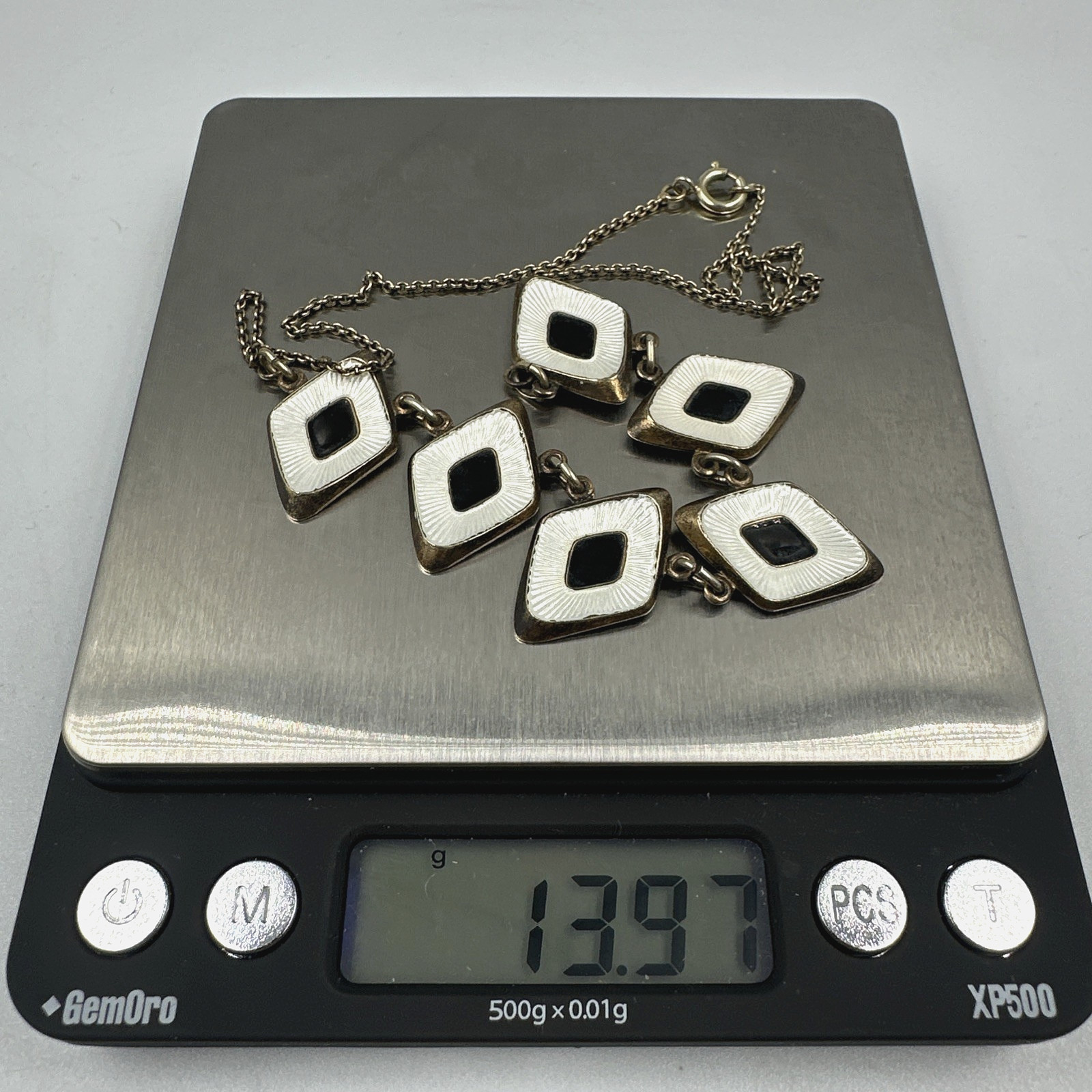 Vtg Albert Scharning Necklace Sterling Silver White Black Enamel MCM Norway 16″