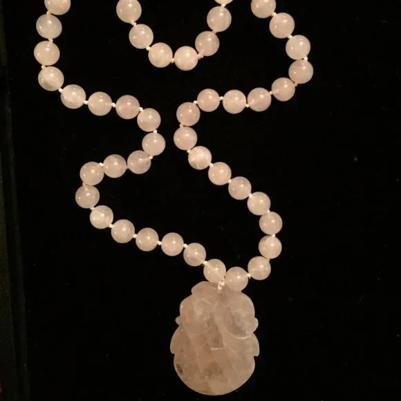 Vintage ASIAN Carved Rose Quartz 12mm Bead Long Beaded Necklace 112g-Stunning!