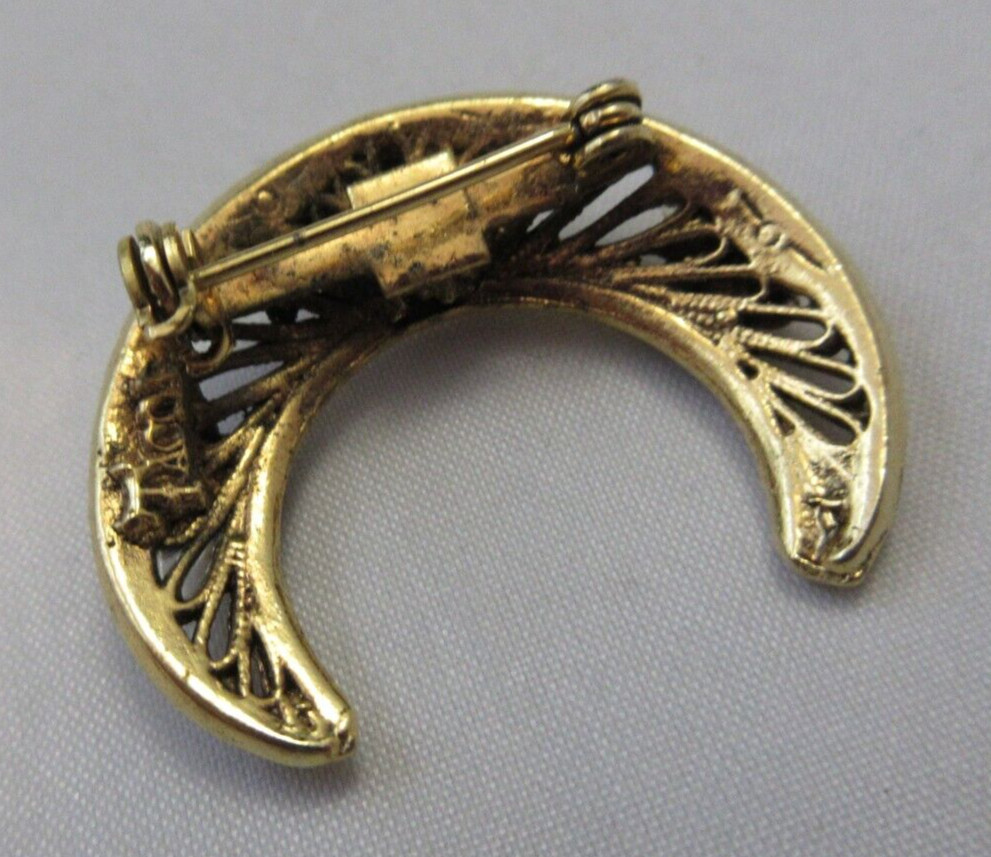 Vintage Tacoa Signed Crescent Moon Shape Clear Rhinestone Pink Cab Brooch