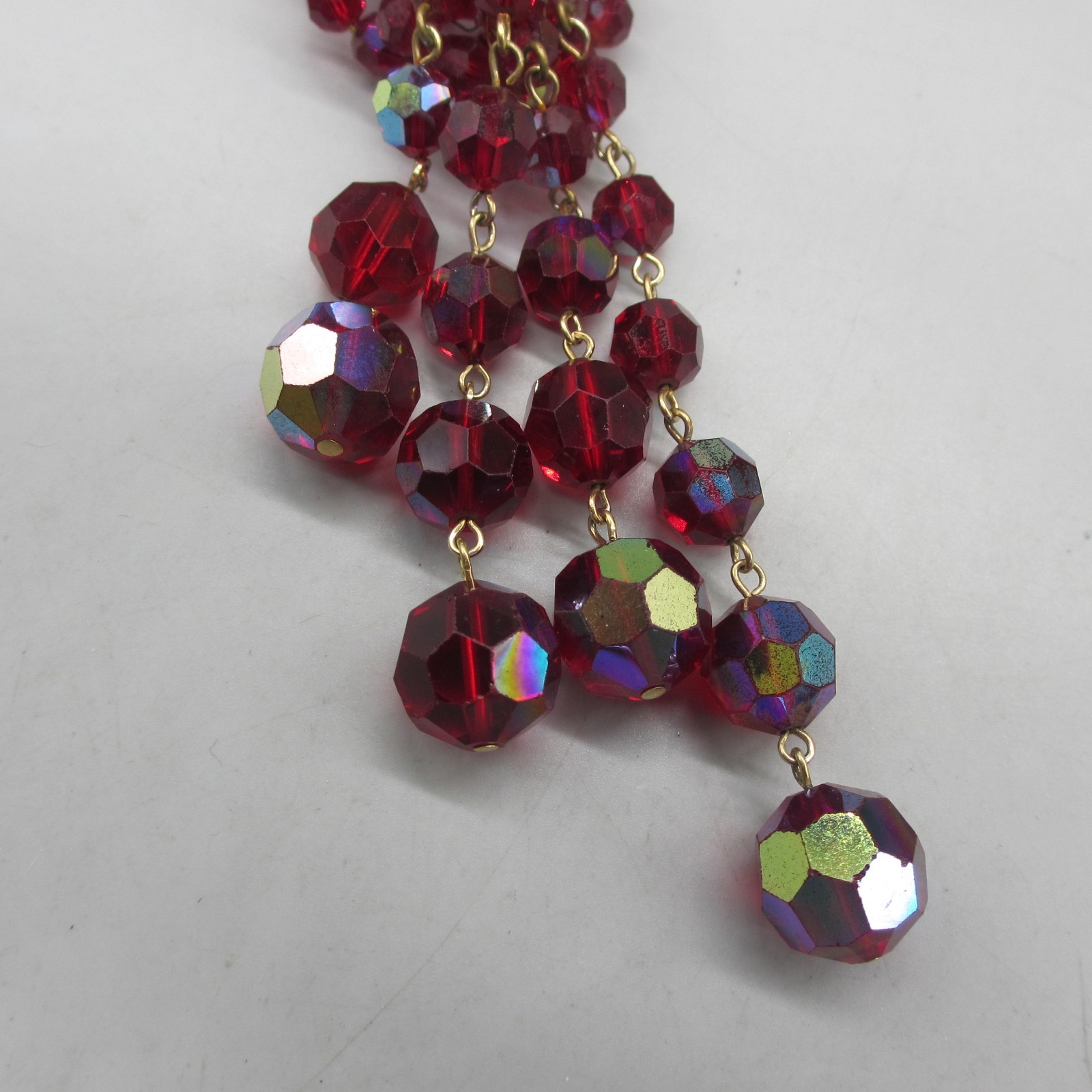 Bergere Necklace Glass AB Bead Red Festoon Tassel Rhinestone ONE MISSING RS 20″