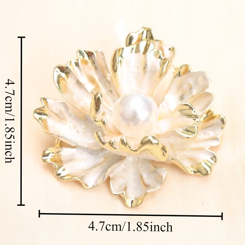 Baroque Lotus Flower Brooch – Gold‑Tone Finish with Pearl Center, Elegant Gift