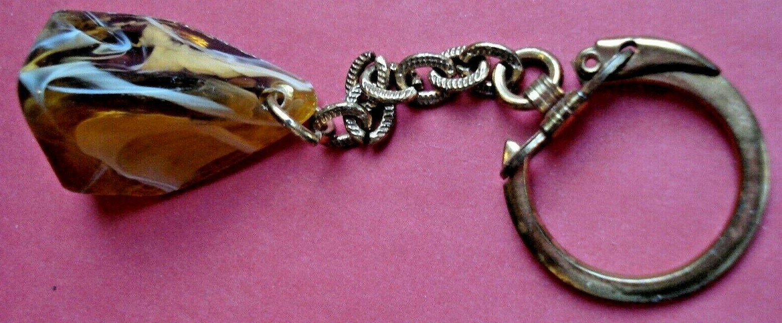 Rare 1960 s Variegated Keychain Faux Resin Amber Uncut Stone Snap Ring WOW!