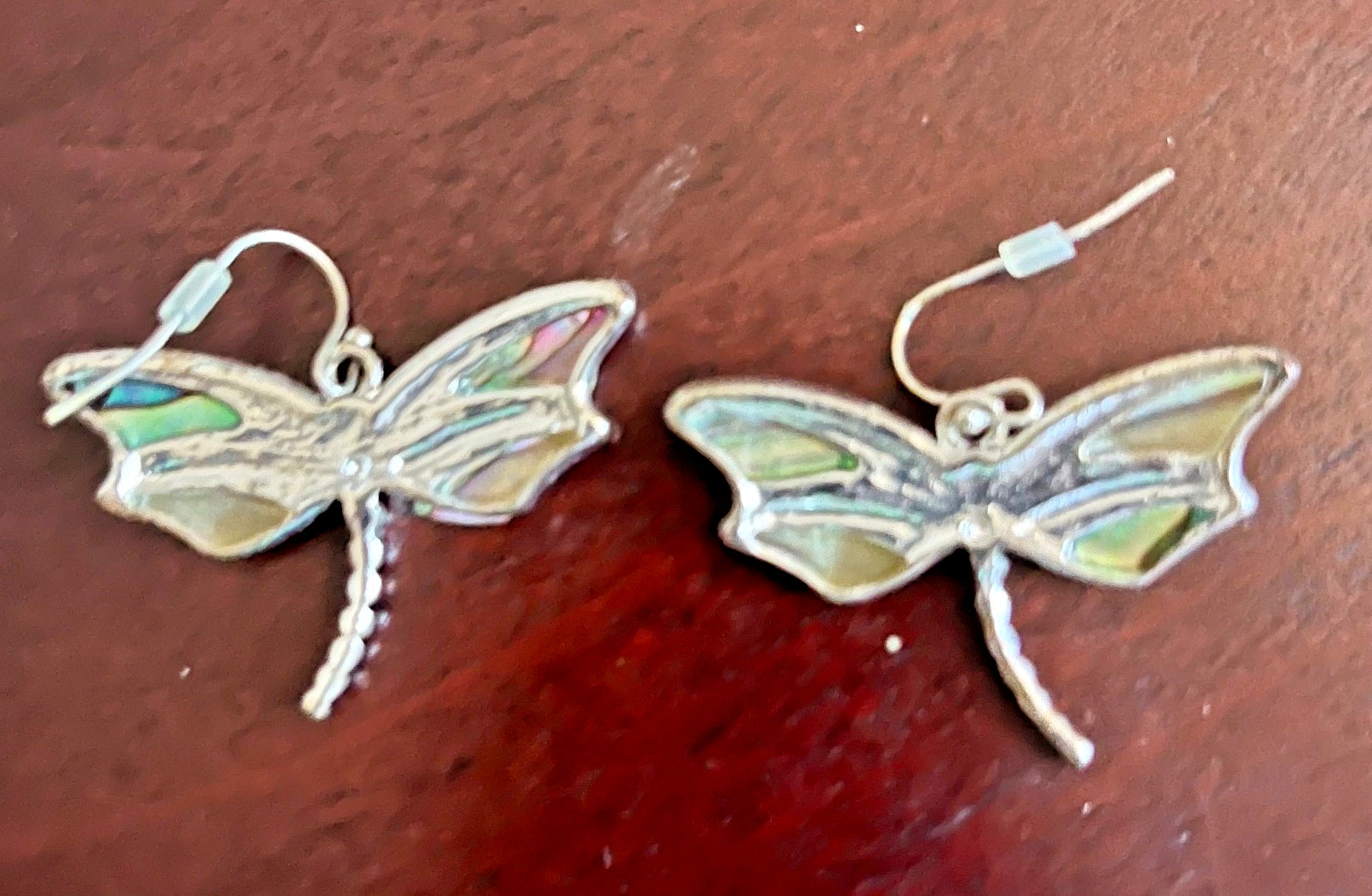 Vintage Dragonfly Abalone dangle earrings, approximately 1 1/2″ wide