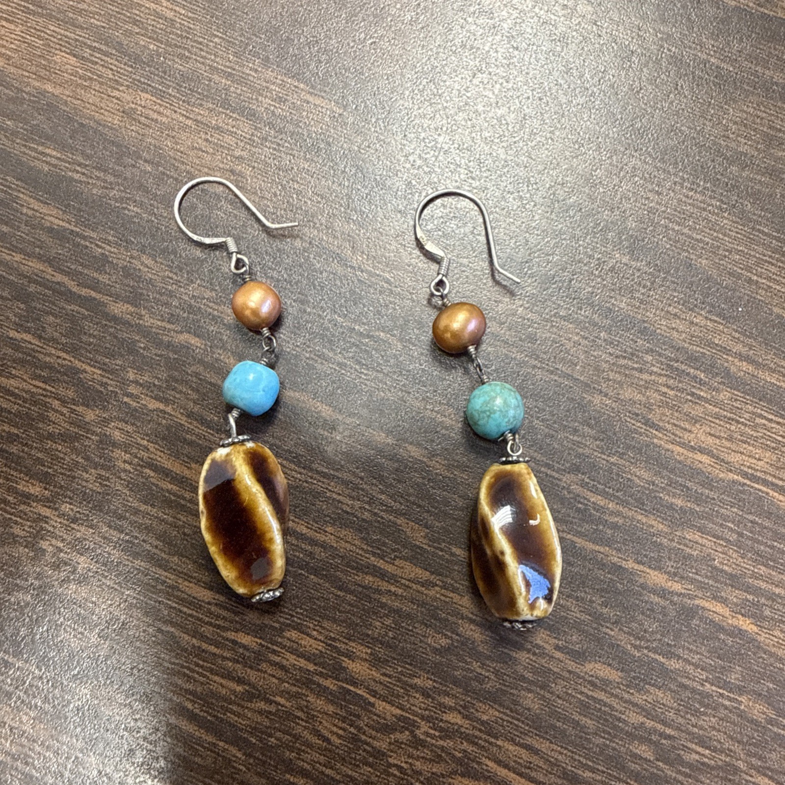 Vintage Tigers Eye and Turquoise Earrings – 925 sterling silver marked