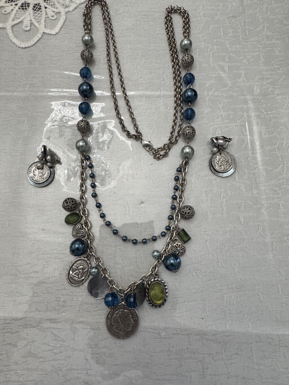 VTG Silver W/ Teal Beads Necklace and Clip On Earrings Set