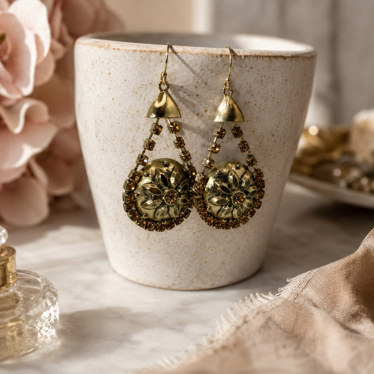 NOS Vintage Chandelier Earrings – Antique Bronze Tone – Champagne Rhinestones