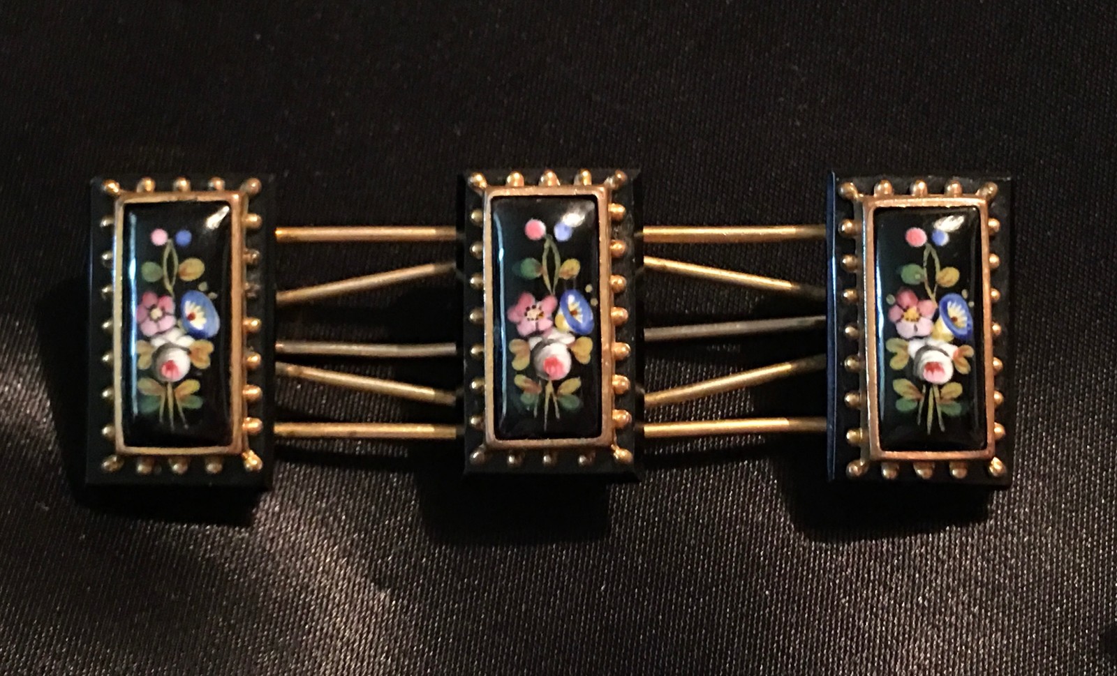 Victorian Hand Painted Onyx Rose Lily Gold Floral Large Brooch Pin