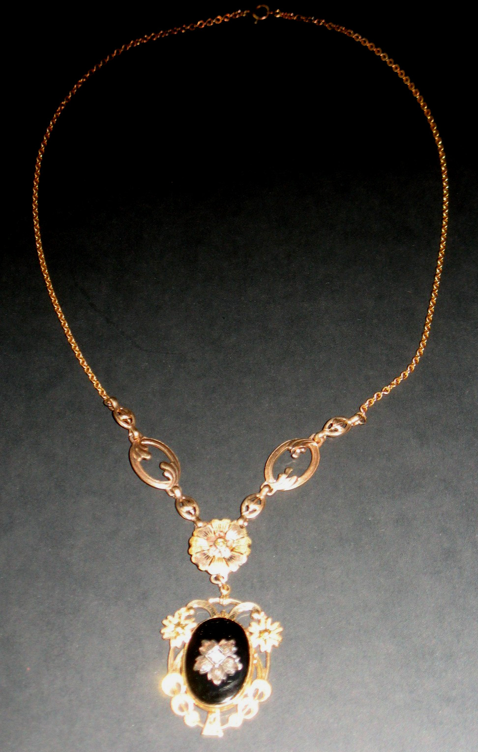 Fabulous Victorian 10k 2 Color Gold Necklace W/Gemstone Black Onyx 12″ Chain