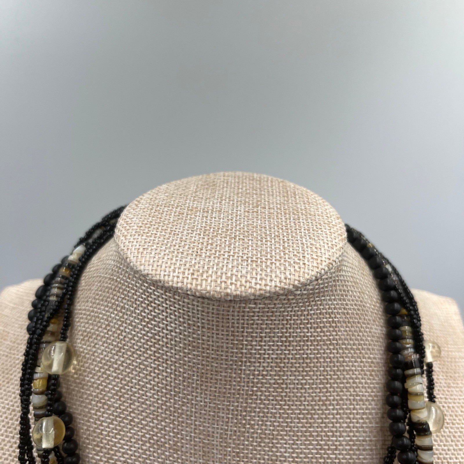 VTG Multi Strand Black Beaded Necklace Layered Shell Glass Mixed Media Statement