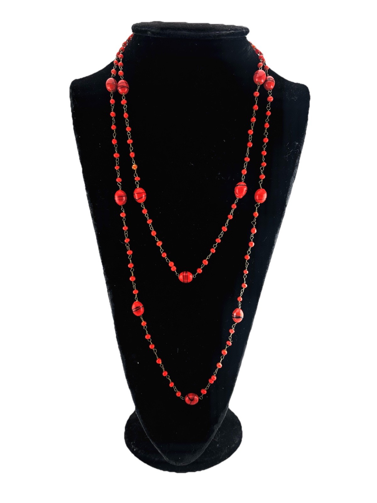 Vtg Red Venetian Style Glass Bead Necklace Black Swirl Accent Flapper 50″ Long