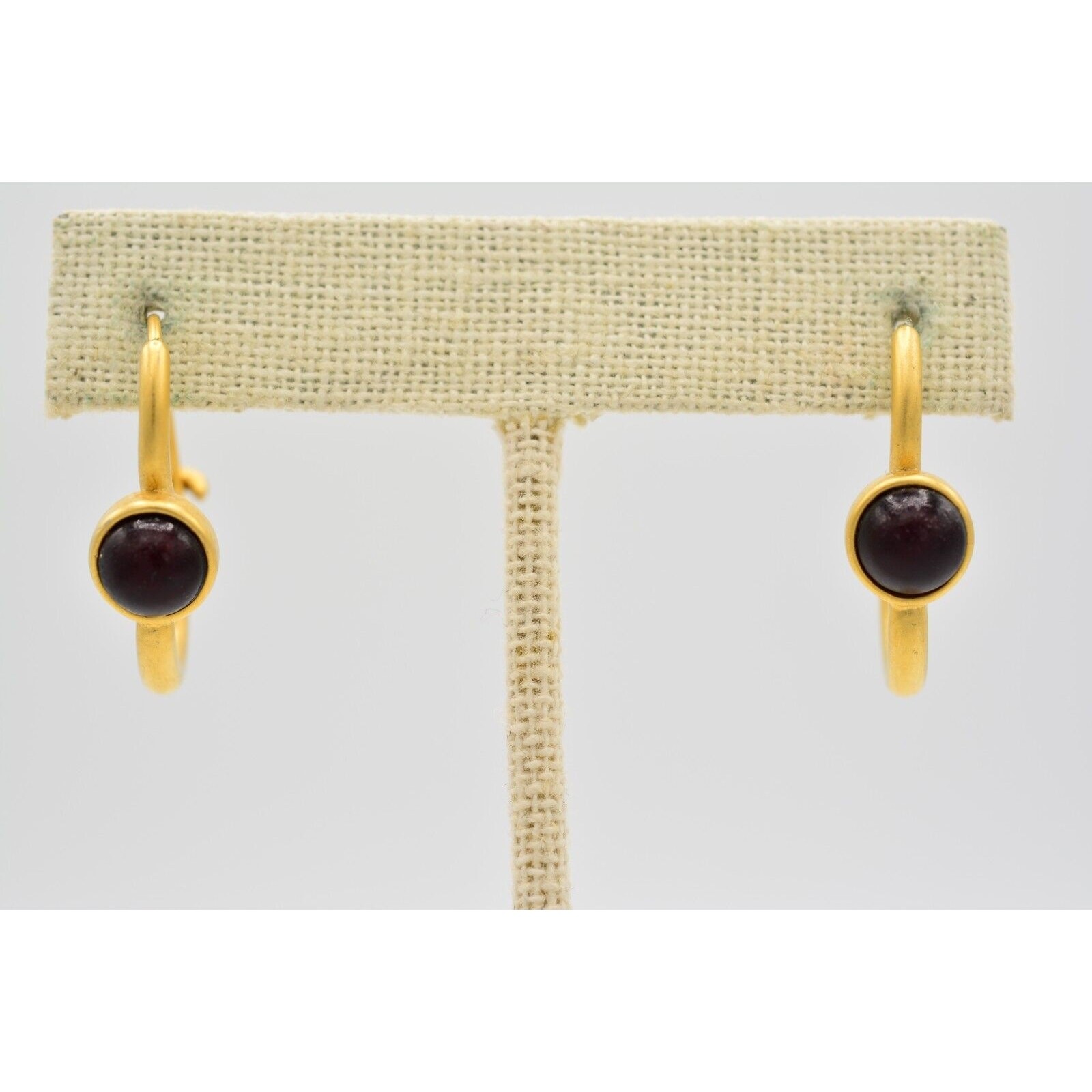 Vintage Cabochon Drop Dangle Earrings Deep Blood Red Brushed Gold 1990s BinAK