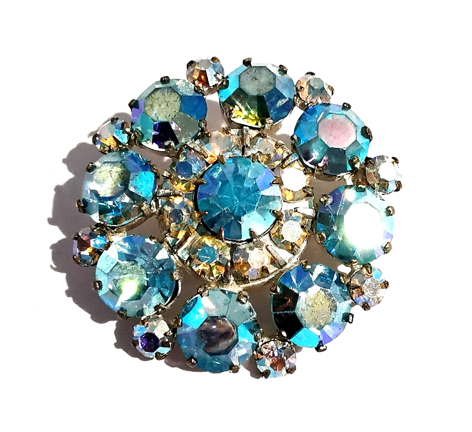 Vintage Czech Brooch Blue and Clear Colorless Dragon Breath Rhinestones Glass