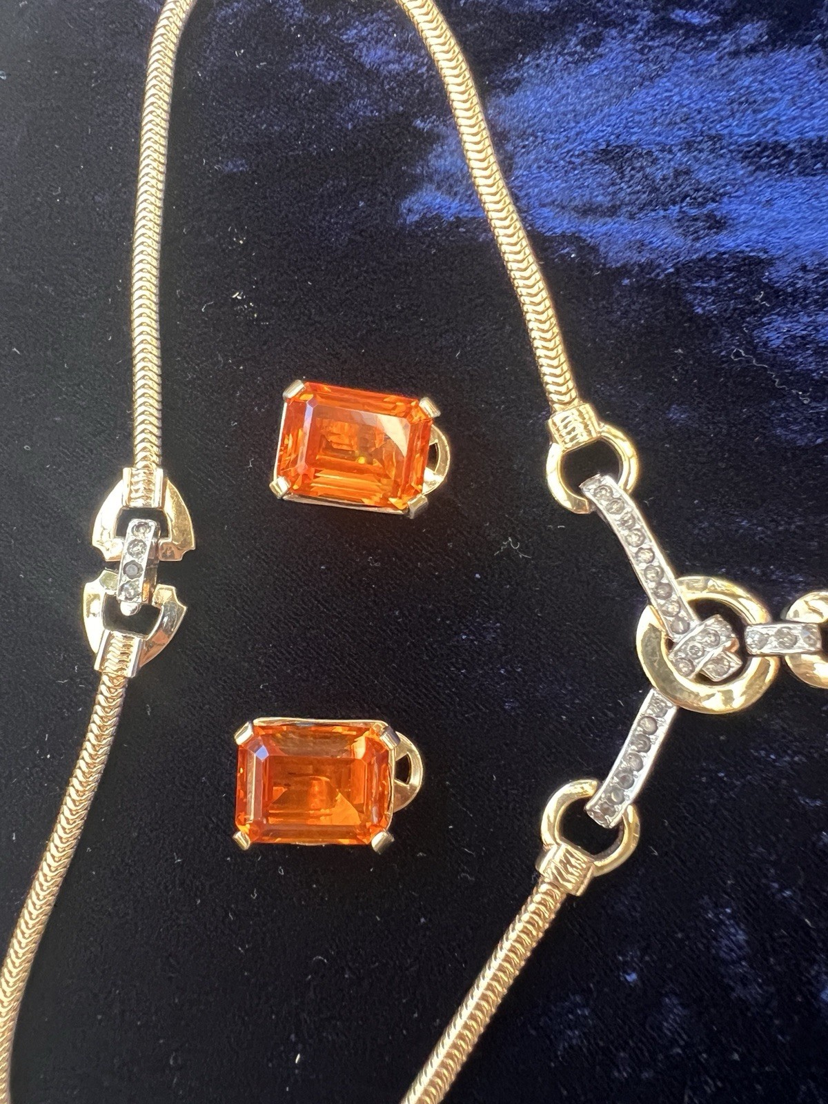 Mazer Deco gold plated faux topaz rhinestones necklace/Earrings 1960’s ca, USA.