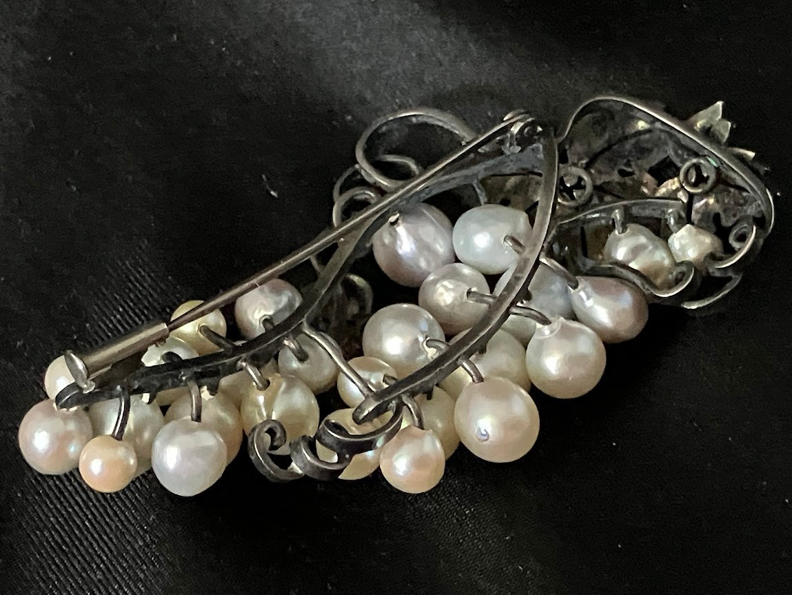 Vintage Sterling Silver Pearl Brooch 27 Multicolor Grape Vine Cluster 20g Tested
