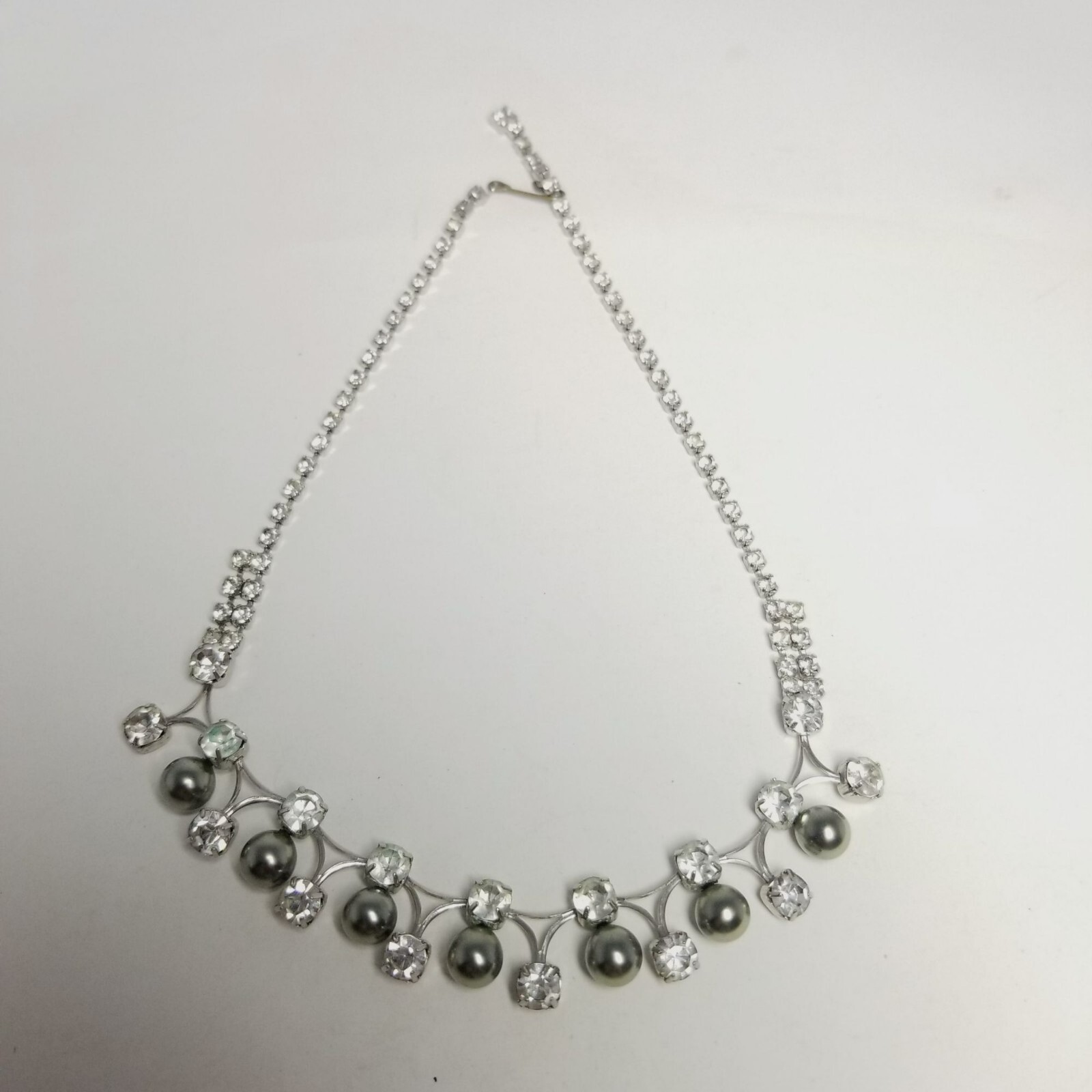 Vintage Silver Tone Rhinestone and Faux Gray Pearl Collar Necklace, Adjustable