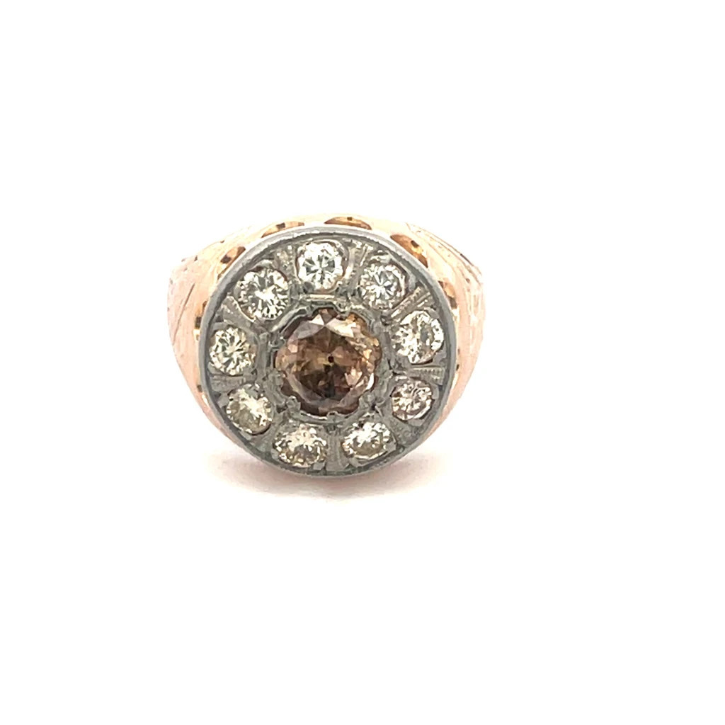 Diamond Gold Vintage Men’s Ring 17k Two Tone Champagne White 2.10ct Round Top