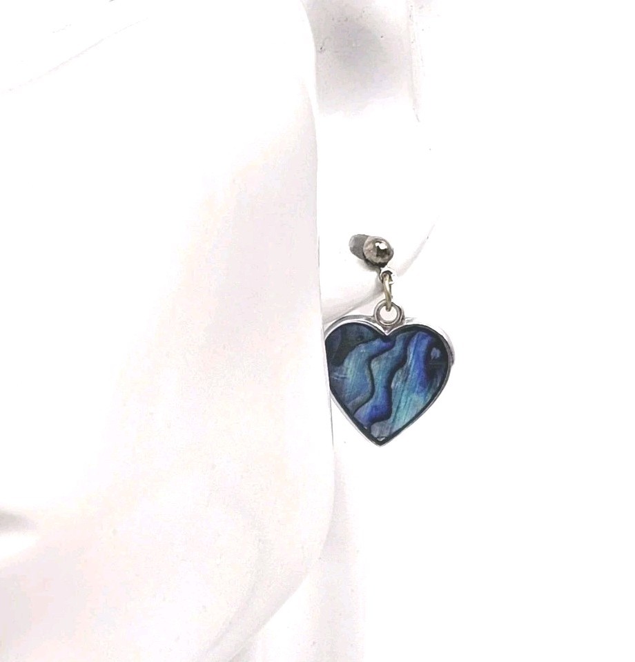 Vintage Paua Shell Heart Shaped Dangle Drop Earrings For Pierced Ears | 5/8″