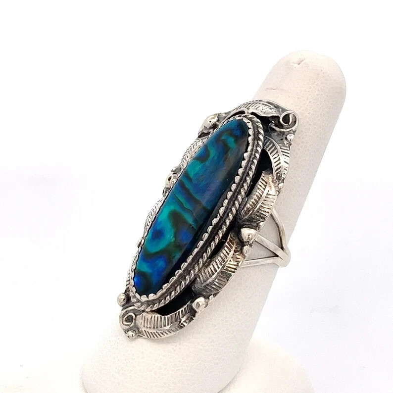 Native American Huge Paua Blue Abalone Shell Sterling Silver Ring- Signed -ET495