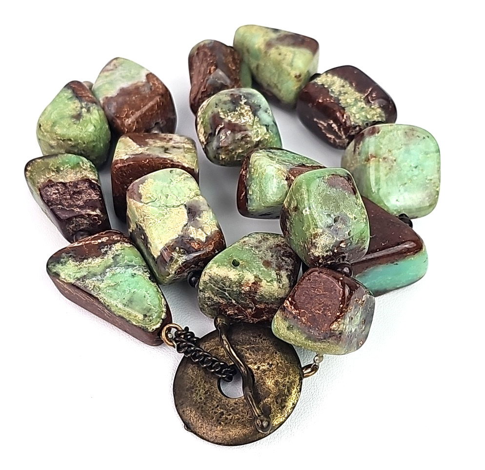 Vintage Green Brown Gemstone Nugget Necklace Chunky Statement 16 Inch