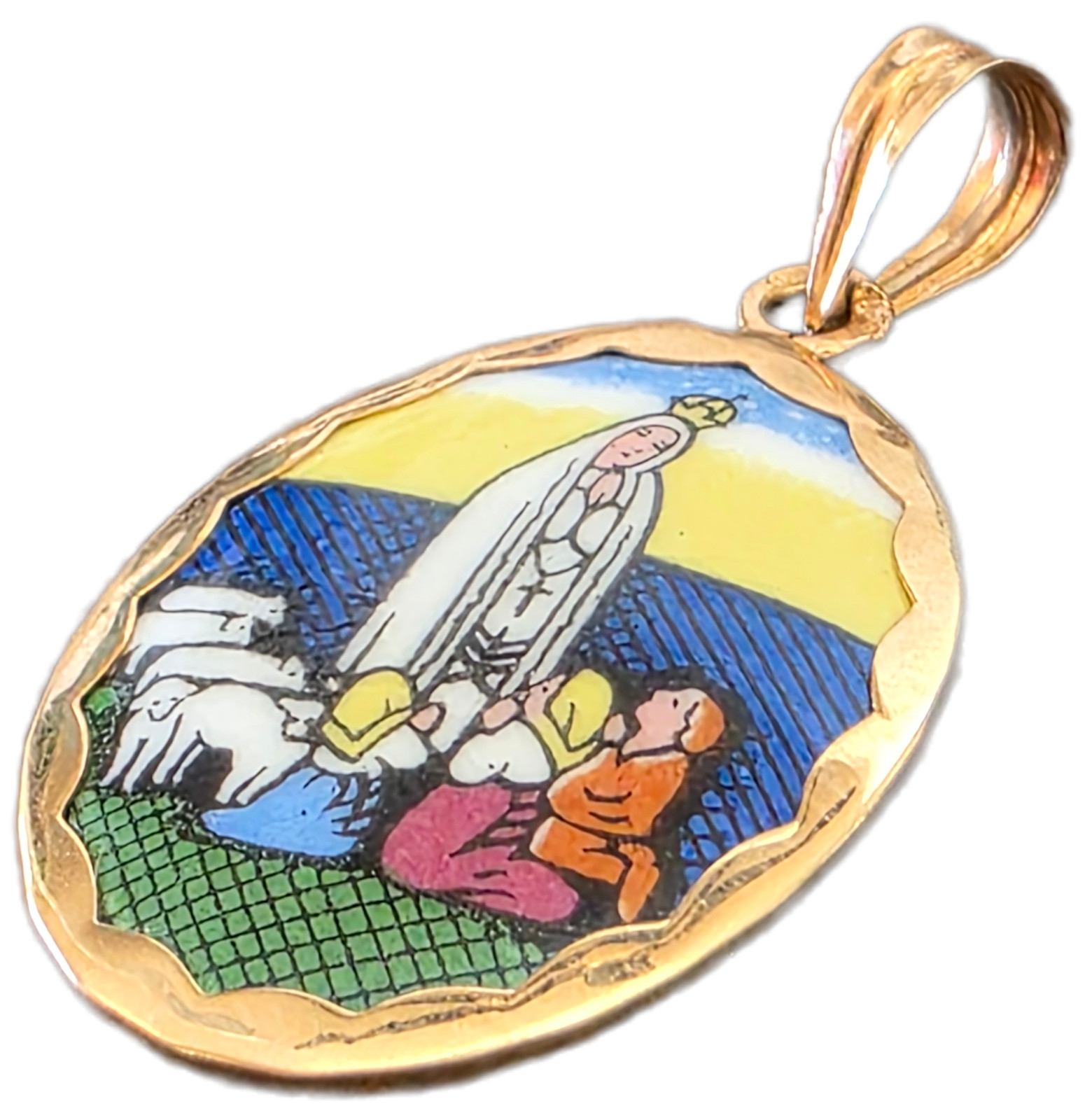 Antique Enameled Gold Medal Virgin Mary Madonna Pendant – 18K Gold